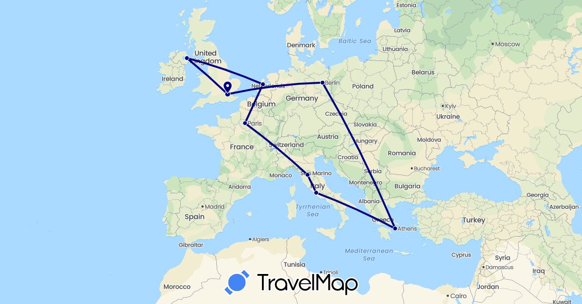 TravelMap itinerary: driving in Germany, France, United Kingdom, Greece, Italy, Netherlands (Europe)